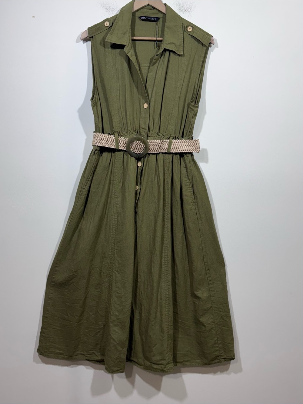 Zara Women’s Trench Maxi Dress Women’s XL Woven Belt Utility Khaki Safari